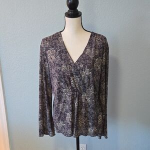 J JILL Surplice Neck Paisley Floral Blouse Sheer Long Sleeve Pasley Floral Sz XL